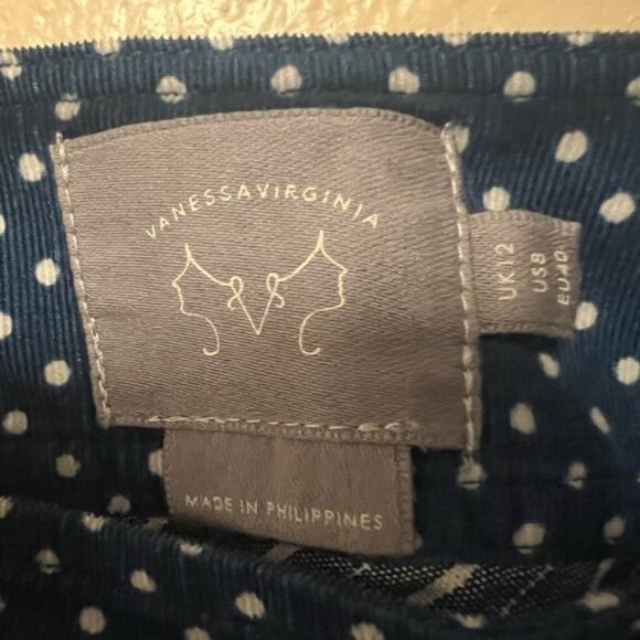 Vanessa Virginia Anthropologie Blue Midi Polka Dot Corduroy Skirt Pockets Sz 8 - Picture 9 of 12